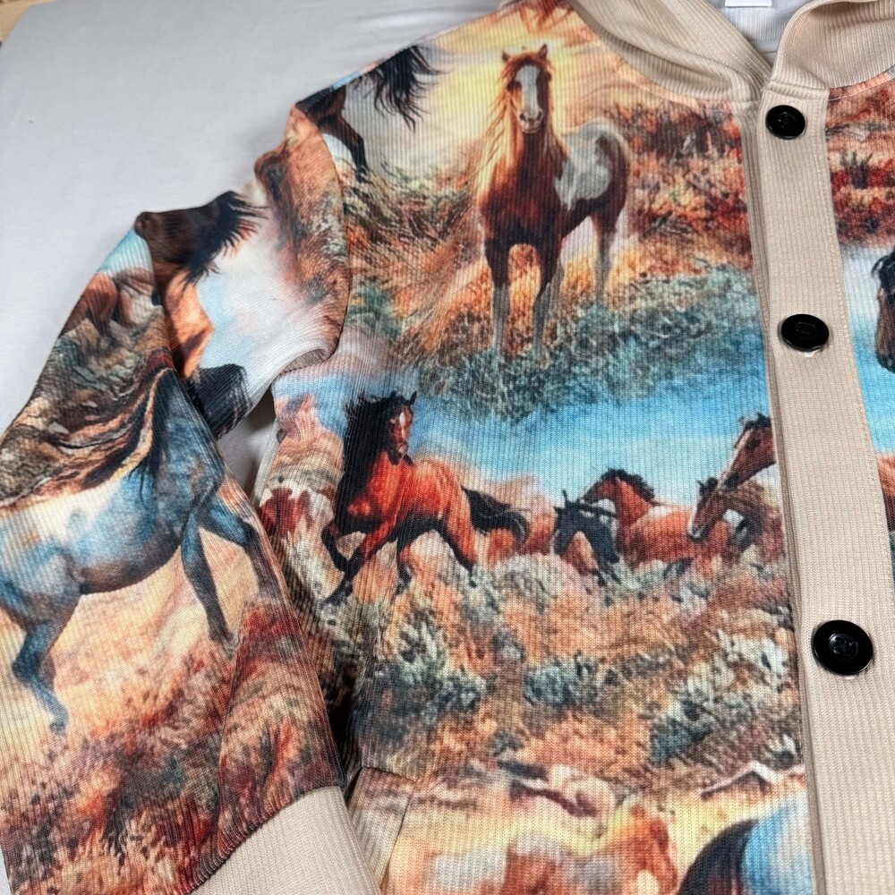 Wild Horses All-Over Print Hooded Button-Down Cardigan Jacket - Picture 2 of 6